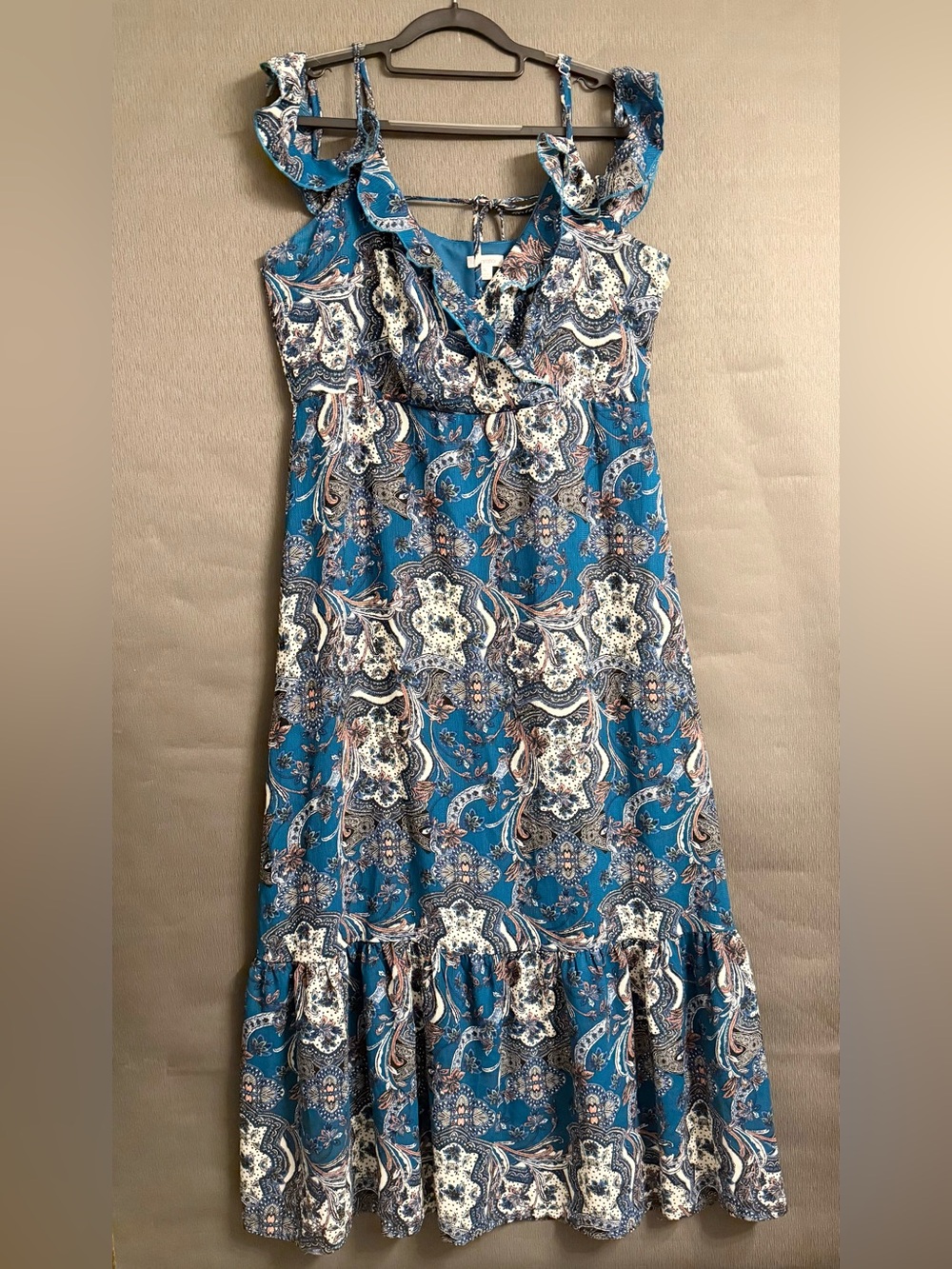 Boho Blue Paisley Cold Shoulder Ruffle Maxi Dress Boho XL